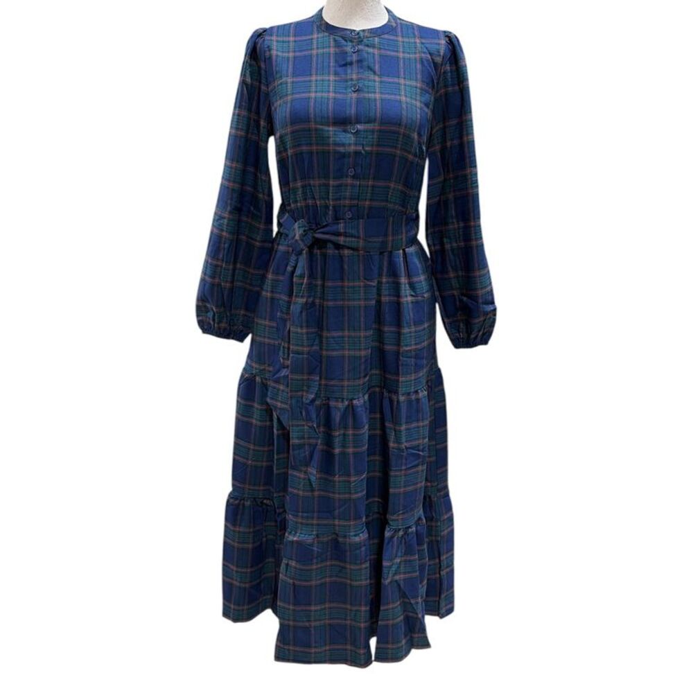 Lands' End Women's Relaxed Fit Flannel Tiered Maxi Dress - Green